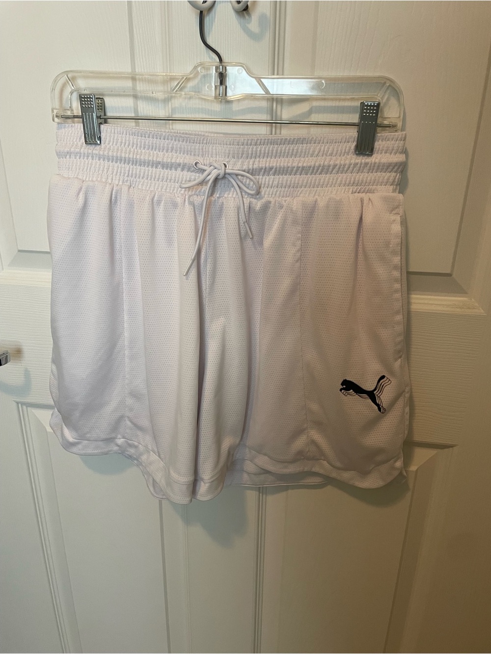 Puma White Athletic Mesh Drawstring Shorts with Black Logo
